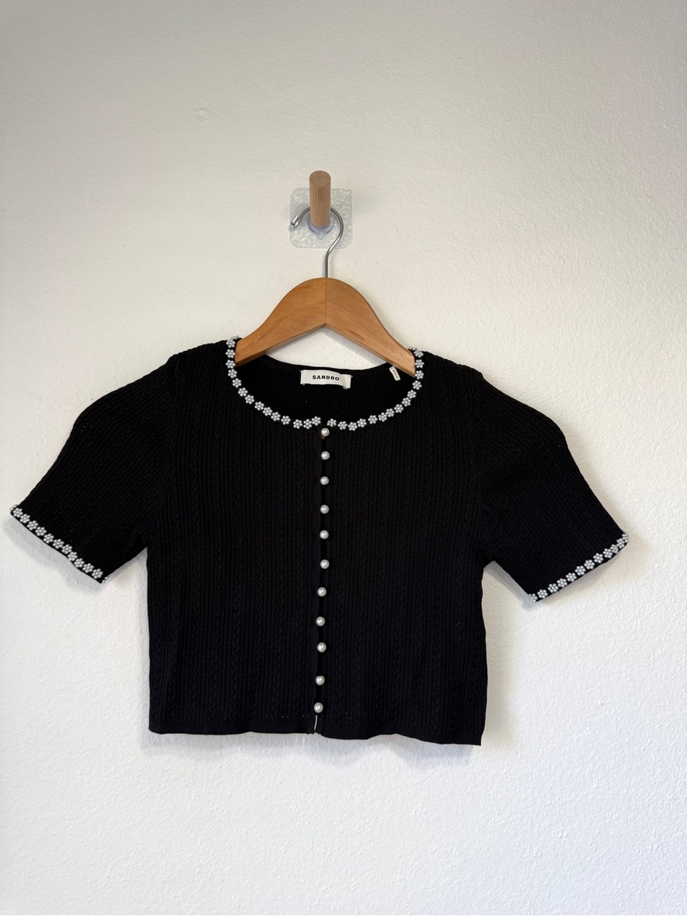 Sandro Black Pearl Embellished Cropped Knit Cardigan Size 0 - Picture 3 of 6